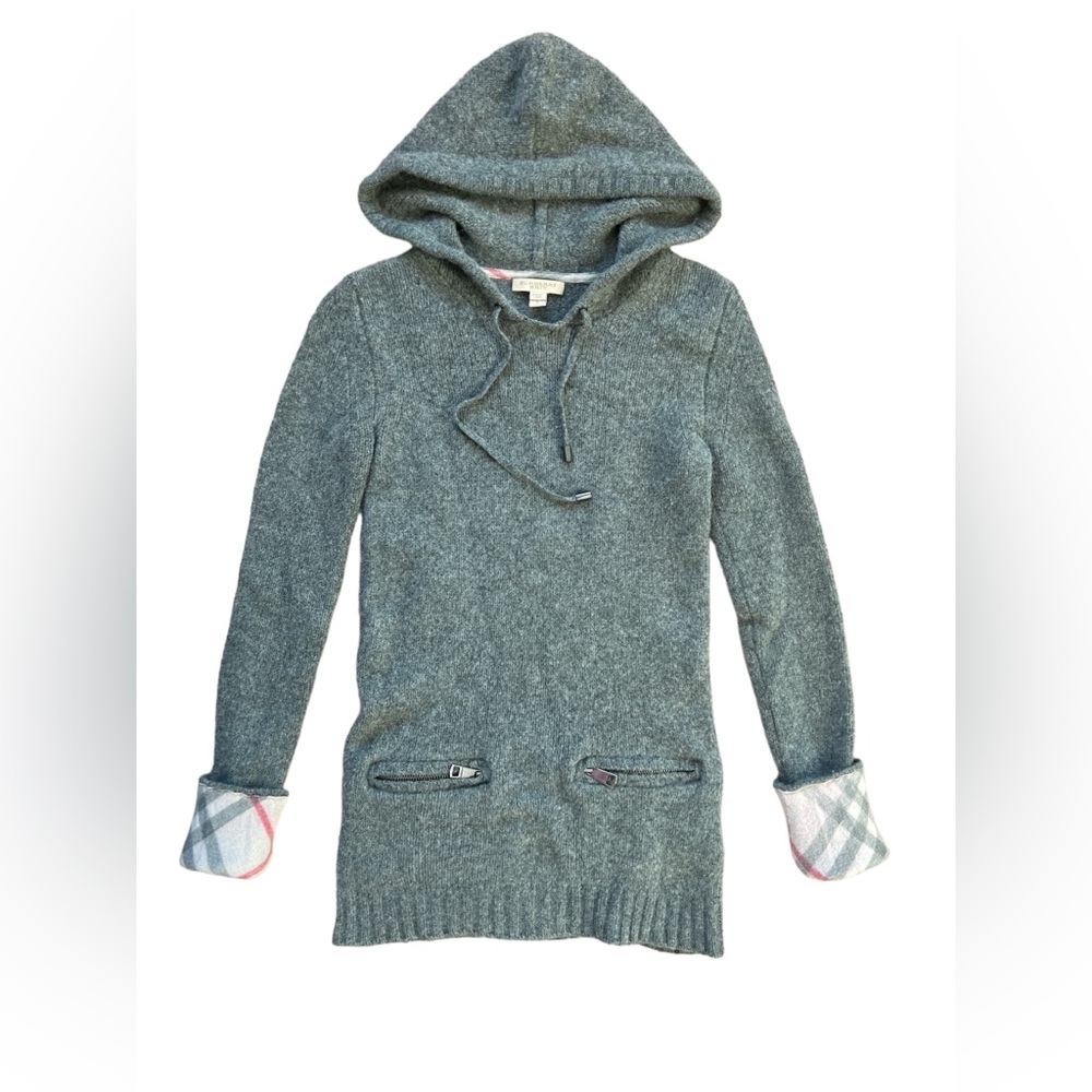 Burberry Brit Sweater Women Size Small Gray Long Sleeve Wool Cashmere Hooded